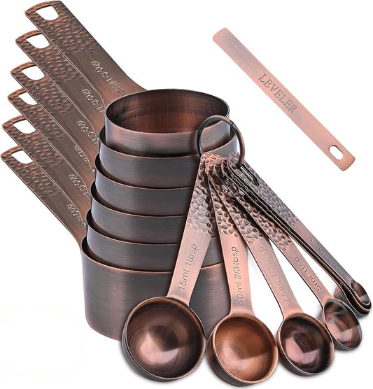 Measuring Cups and Spoons Set 14, Copper Measuring Cups and Spoons Set for Dry & Liquid, Metric & US Stainless Steel 6 Measure Cups and 7 Spoons Set w/Leveler for Kitchen & Baking by Smithcraft