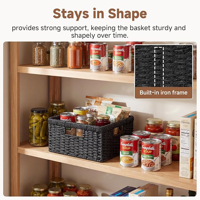 StorageWorks Wicker Baskets with Handles, Paper Rope Black Baskets, 2-Pack | Wicker Storage Baskets for Organizing, Wicker Storage Baskets for Shelves, Pantry Organizers and Storage,Black Wicker Baskets - Image 5