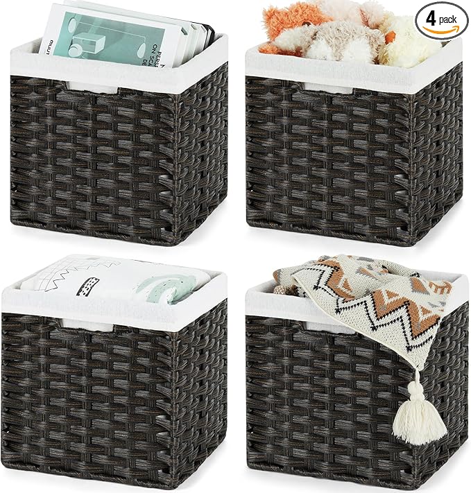 Bidtakay Black Wicker Cube Baskets 11 inch 4 Pack Waterproof Hand-Woven Storage Baskets for Organizing Pantry Bedroom by BidtakayBaskets