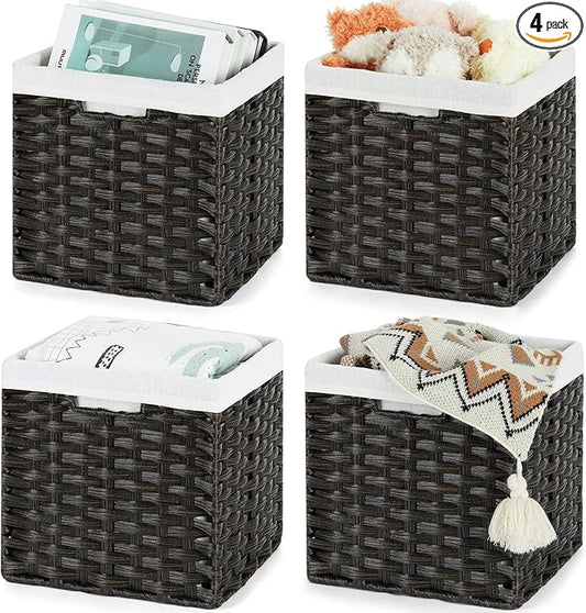 Bidtakay Black Wicker Cube Baskets 11 inch 4 Pack Waterproof Hand-Woven Storage Baskets for Organizing Pantry Bedroom by BidtakayBaskets