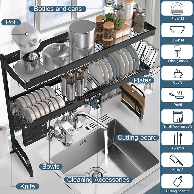 Over The Sink Dish Drying Rack,3 Tier Adjustable Length (25.5'' to 37.4'') Full Stainless Steel Large Storage Kitchen Dish Rack,for Kitchen Counter,Expandable Multifunctional Organizers,Black - Image 3