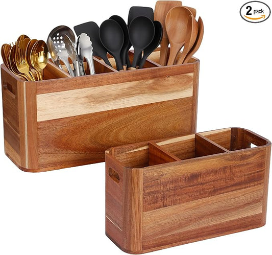 2PC Wooden Kitchen Utensil Holder for Countertop - Wall-mountable Large 4+3 Compartment Acacia Wood Organizer, Rustic Minimalist Utensil Crock for Cooking Tools and Flatware Storage by Unknown