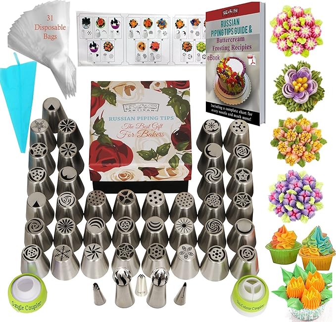 Russian Piping Tips 63 Pcs DELUXE Cake Decorating Supplies Set 37 Icing Nozzles 2 Coupler 2 leaf Tips 22 Pastry Bags + Cupcake Decoration Tools Kit Free E- BOOK in GIFT BOX+Frosting Recipes by Unknown