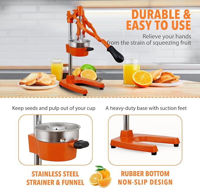 19 Inch Height Extra Tall Commercial Heavy Duty Cast Iron Hand Press Manual Orange Citrus Lemon Lime Grapefruit Pomegranate Fruit Juice Squeezer Machine with Stainless Steel Cup - Image 6