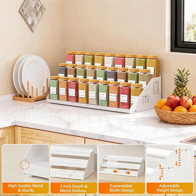 RCHYFEED 3 Tier Expandable Spice Rack Organizer, Height Adjustable,Metal | White, Multi-purpose Metal Display Organizer for Cabinet, Countertop, Pantry and Cupboard Spice Storage - Image 4