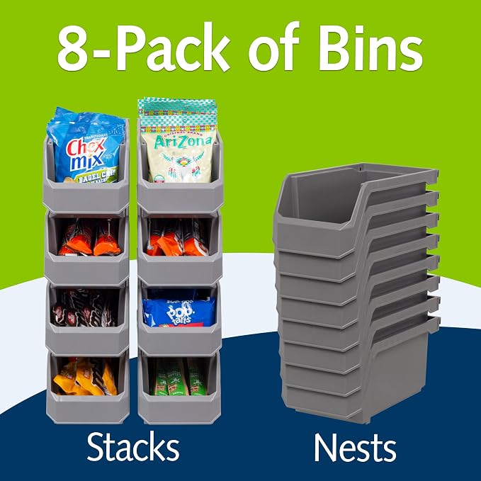 Medium Stackable Plastic Storage Bins, 8-Pack, Gray | Open-Front Stackable Bins For Garage, Pantry, Closet & Office, 11"L X 5,5"W X 5"H, Nests When Empty, Durable Plastic, - Image 2