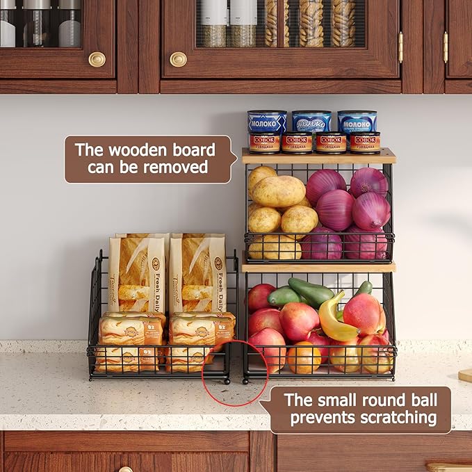2 Set Stackable Wire Basket with Wooden Tops & Pad for kitchen organizers and storage, XXL Kitchen Counter Organizer for Fruit, Vegetable, Bread, Potato and Onion Storage Bin - Image 4