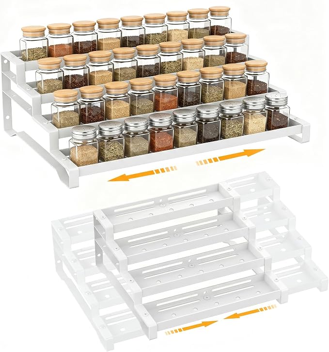 Spice Rack Organizer for Cabinet, 13-21.5" Expandable Spicy Shelf | 11.6" Depth 4-Tier White Metal Seasoning Organizer, Kitchen Spice Organization, Slip-Resistant Guardrails for Jars and Cans by PEEKUP