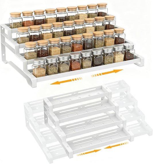 Spice Rack Organizer for Cabinet, 13-21.5" Expandable Spicy Shelf | 11.6" Depth 4-Tier White Metal Seasoning Organizer, Kitchen Spice Organization, Slip-Resistant Guardrails for Jars and Cans by PEEKUP