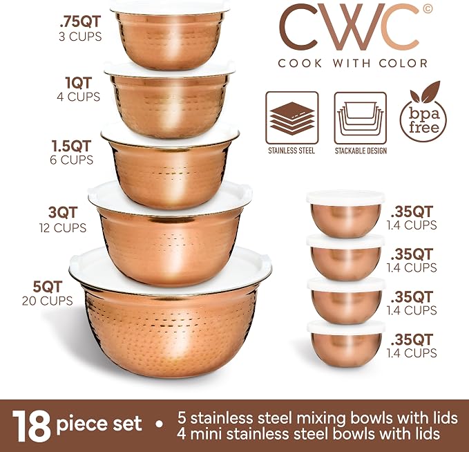 COOK WITH COLOR 18 Piece Mixing Bowls Set with Airtight Lids, Handcrafted Stainless Steel Bowls, Food Storage Containers, Meal Prep, Nesting Salad Bowls For Cooking, Baking, Kitchen, Copper - Hammered - Image 2