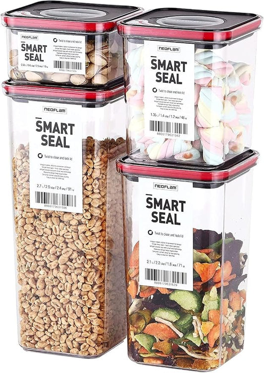 Neoflam Smart Seal Patent Airtight Kitchen Pantry Canister/Organizer Clear Plastic Container with Simple Twist Lids, Leak Proof, Dishwasher Safe, BPA Free, Cereal, Flour, Dry Food Storage 4 Piece Set by Neoflam