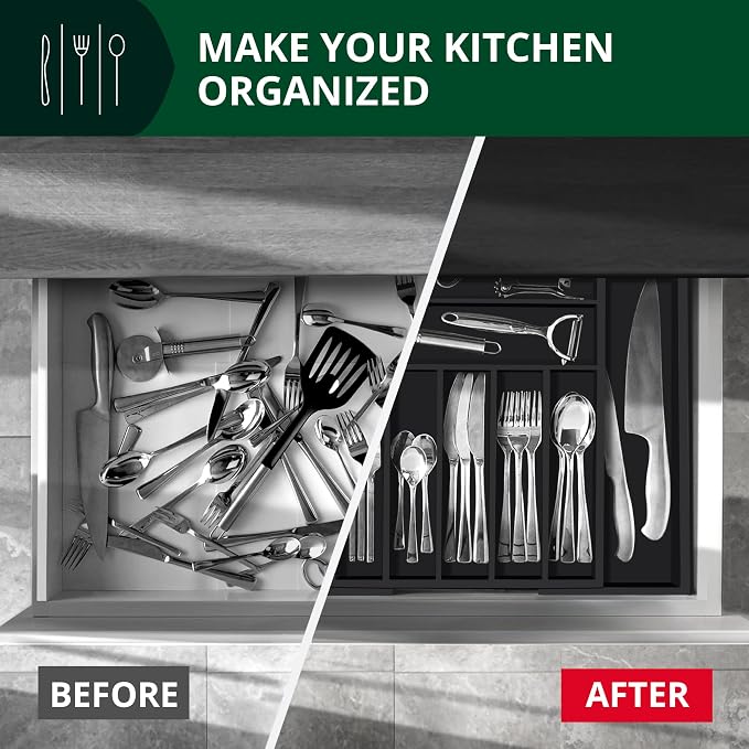ROYAL CRAFT WOOD Luxury Bamboo Kitchen Drawer Organizer - Silverware Organizer - Utensil Holder and Cutlery Tray with Grooved Drawer Dividers for Flatware and Kitchen Utensils (9 Slot, Black) - Image 5