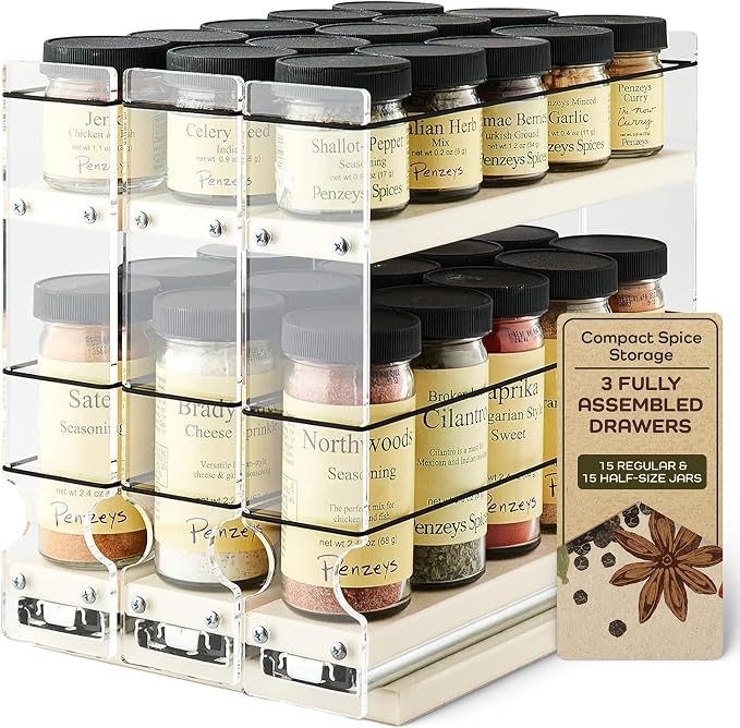 Cabinet Mounted Spice Rack Organizer - 3 Drawers,15 Reg. & 30 Half Sized Spice Jars - Pantry Organizers & Storage - Pullout Shelf for Kitchen Cupboard (6.9''W x 9.25''H x 10.6"D, Cream) by VerticalSpice