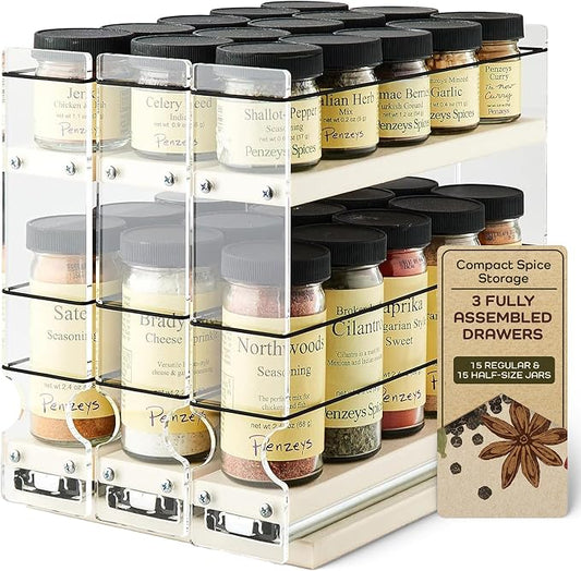 Cabinet Mounted Spice Rack Organizer - 3 Drawers,15 Reg. & 30 Half Sized Spice Jars - Pantry Organizers & Storage - Pullout Shelf for Kitchen Cupboard (6.9''W x 9.25''H x 10.6"D, Cream) by VerticalSpice