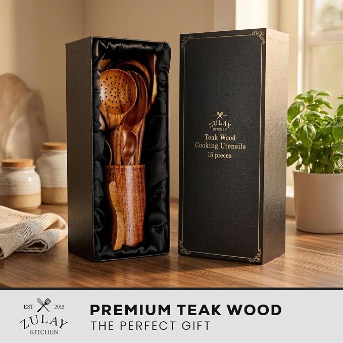 Zulay Kitchen 15-Piece Teak Wooden Utensils for Cooking - Natural Teak Utensil Set with Premium Gift Box - Non-Stick Wooden Spoons for Cooking - Kitchen Gift Set - Comfortable Grip Wooden Utensil Set - Image 2