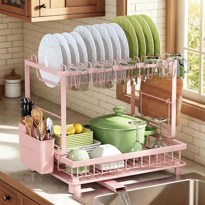 Multifunctional Dish Drying Rack - Rustproof, 2-Tier Dish Racks with Drainboard, Space-Saving Design, Utensil & Cup Holder for Kitchen Counter, Pink by Nfnoyp