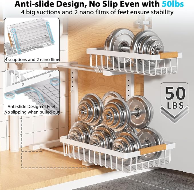 Liuoud Under Sink Organizer 2 Pack, 2 Tier Slide Out Large Capacity Height Adjustable Under Sink Organizers and Storage for Kitchen Bathroom Cabinet, White - Image 4