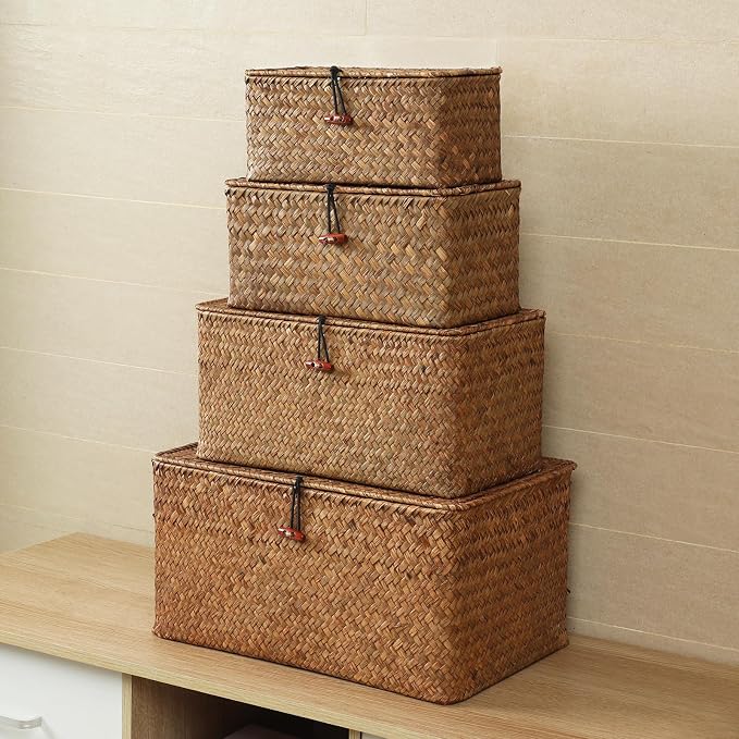 4 Pack, Wicker Baskets with Lids, Natural Seagrass Storage Baskets, Woven Rectangular Basket Bins, Rattan Storage Organizer for Shelf (Coffee, Set of 4) - Image 4