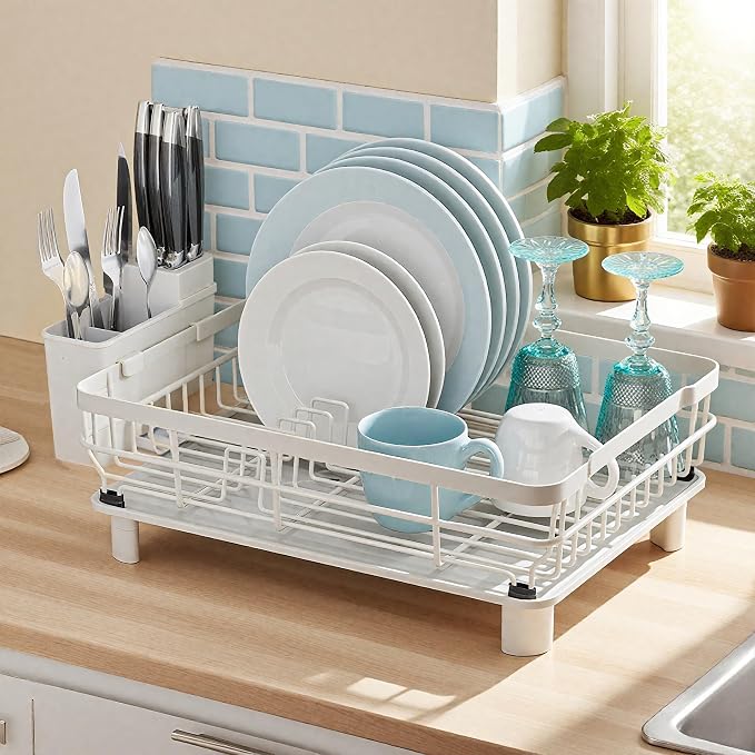 MOUKABAL Dish Drying Rack with Drainboard for Kitchen Counter, White | 13×17 Large Capacity/Rustproof Stainless Steel/Fast Drainage Dish Drainer/Removable Utensil Holder/Kitchen Counter Organizer - Image 7