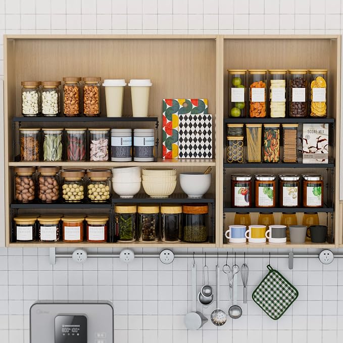 Stackable Expandable Metal Shelf Organizer - Adjustable Wire Storage Rack with Holes for Kitchen, Bathroom, Cabinet, Office - Space Saving, Durable & Sturdy Design（1PACK/Large/Black - Image 5