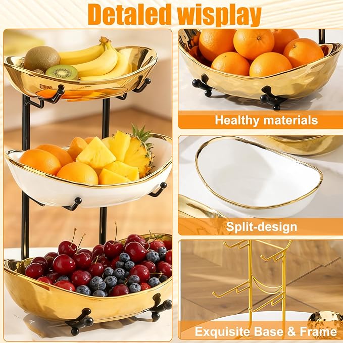 3 Tier Fruit Bowl for Kitchen Counter,Ceramic Bowl with Metal Stand,3 Tier Fruit Basket for Vegetable Bread Candy Snack Nuts Dessert Cake Tray (Gold Bowl Black Rack) - Image 4