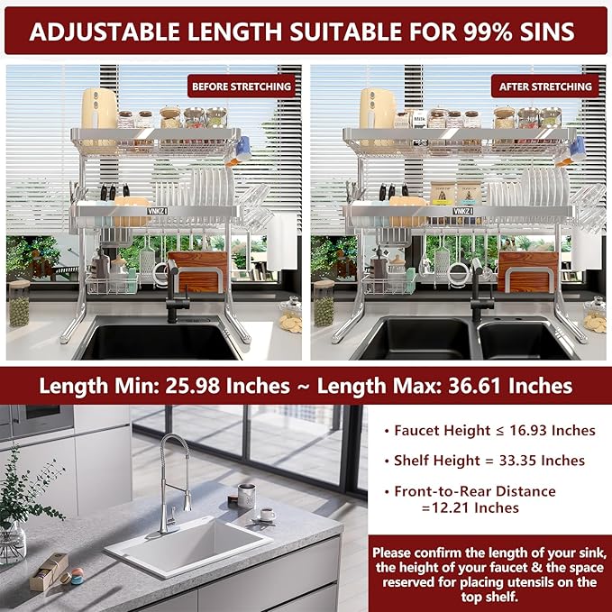 VNKZI Over Sink Dish Drying Rack, 3 Tier Full Stainless Steel Storage Adjustable Length (25.98'' to 36.61'') Kitchen Rack, Multifunctional Expandable Counter Organizer, Space Saver Dish Rack - Image 2