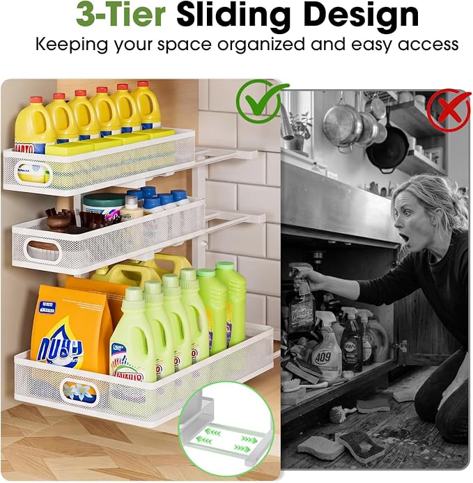 Under Sink Organizer 3 Tier, 2 Pack L-Shaped Pull-Out Cabinet Organizer with Sliding Metal Mesh Drawers, Height Adjustable Under Sink Storage Rack for Kitchen Bathroom Cabinet, White - Image 2