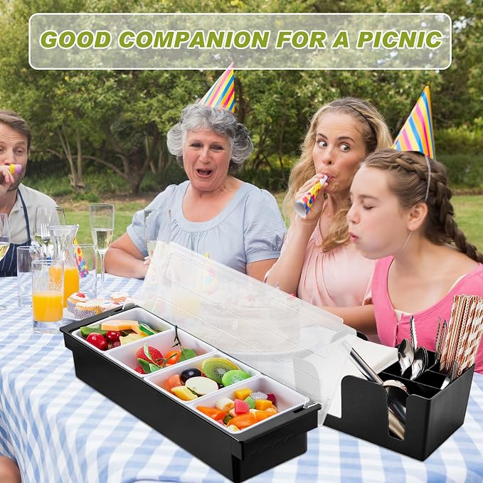 Tessco for you Garnish Tray with Lid Bar Caddy Ice Cooled Condiment Serving Container with Ice Scoop Metal Mini Serving Tongs Fruit Fork Spoons for Food Home Party Kitchen(Plastic,4 Grids) - Image 6