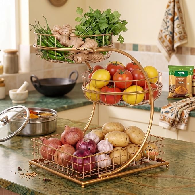 3 Tier Fruit Basket Bowl for Home and Kitchen | Countertop Metal Wire Kitchen Storage Basket for Fruits, Vegetables and Snacks - Gold - Image 5