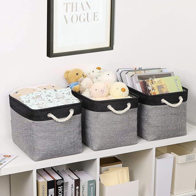 Storage Basket for Organizing - 16x12x12 inch Cube Storage bin 3 Pack Fabric Storage Cubes, Collapsible Storage Box for Organizer Cloth Gift Toy Closet (Black & Grey) - Image 6