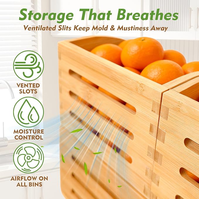 Stackable Bamboo Produce Storage Bin with Ventilation & Handles | 3 Pack, Natural Bamboo Finish, Stores Potato, Onion, Bread, Veggies & Fruits, Ideal For Kitchen Pantry & Home Cabinet Storage - Image 7