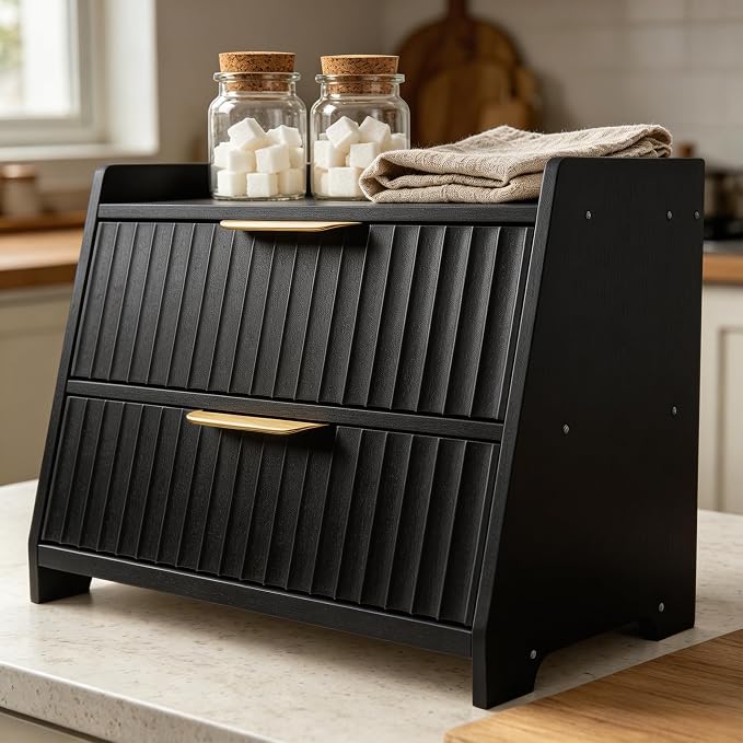 Large Bread Box for Kitchen Counter, Double Layer Wooden Bread Storage Container with Top Shelf, Countertop Organizer Cabinet for Bread, Bagels, Pastries, Coffee Station and Kitchen Essentials (Black) by Txcucc