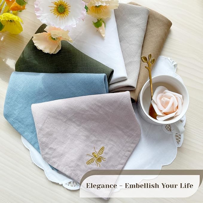 DerF HOME Embroidered Linen Napkins Set of 4, Natural 18x18 Inch | 100% Pure Linen Cloth Dinner Napkins with Natural Texture and Embroidery, Reusable Washable Table Napkins for Home & Events - Image 4