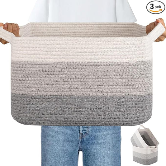 OIAHOMY Woven Storage Basket, Cotton Rope Baskets for Toys,Towel, Clothes, Used to Bathroom,Living Room,Nursery,Bedroom, 16"x12"x10"- Pack of 3, Gradient Gray by MasterofSpaceOptimization