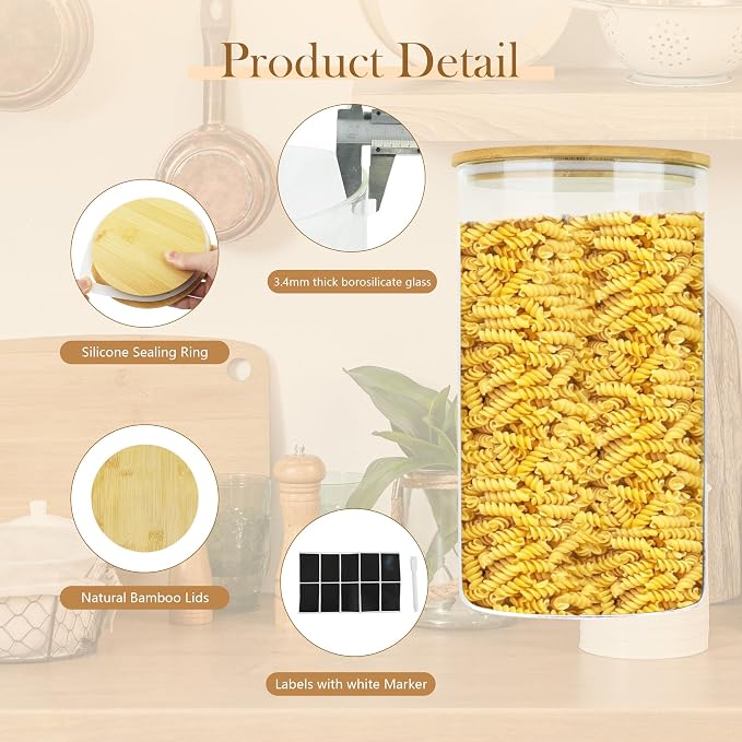 Large Glass Cereal Containers Storage with Airtight Bamboo Lids,Pantry Storage Container,Perfect for Kitchen Organization - Flour, Rice, Pasta, Sugar, Coffee Beans, Accessories Included,2 packs(168oz) - Image 4