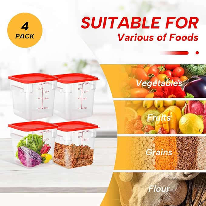 4 Pack 8QT Square Food Storage Containers with Lids | Clear NSF polycarbonate containers with scale, label and measuring cup, stackable for prep, storage, freezer. Dishwasher safe - Image 6