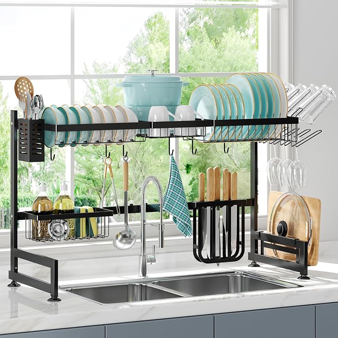 2 Tier Extra Large Stainless Steel Over The Sink Dish Drying Rack | Rust Proof Metal, Expandable Kitchen Sink Drainer, Counter Space Saving, Heavy Duty, Modern Black, Multifunctional Storage by MAJALiS