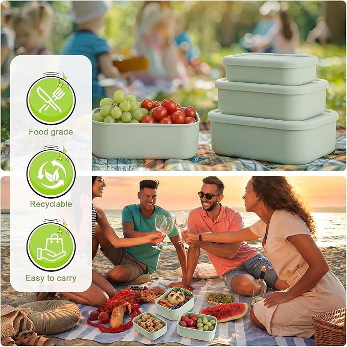 2 Sets of 6 Silicone Food Storage Containers, Reusable Lunch Bento Box with Lid, Hard Shell Storage Containers, Microwave Dishwasher Freezer Safe, 10 oz, 23.6 oz, 44 Ounce(Sage Green) - Image 7