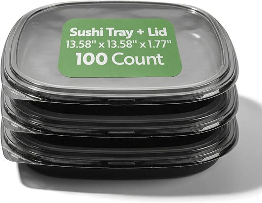 Restaurantware Plastic Sushi Trays 100 Pack of 13.5 x 13.5 x 1.77 Inch With Clear Lids Leak-Resistant Sushi Take Out Boxes Stackable Containers For Grab-And-Go by Restaurantware
