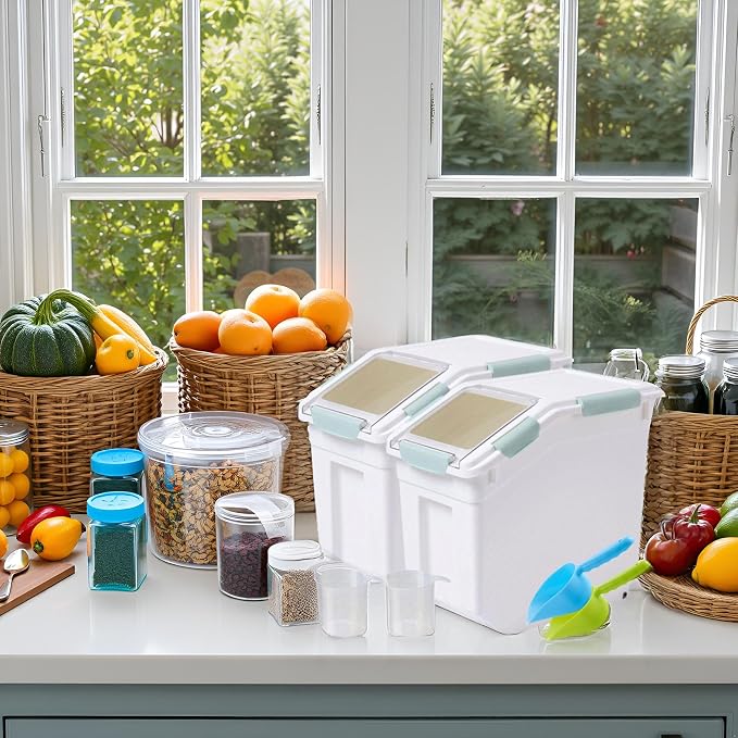 Saim Large Flour Storage Container 25 lbs, Rice Container with Wheels Measuring Cup, 2 Pack BPA free Food Bin Grain Organizer Box for Dry Baking Supplies Kitchen Pantry Cereal (Green) - Image 8