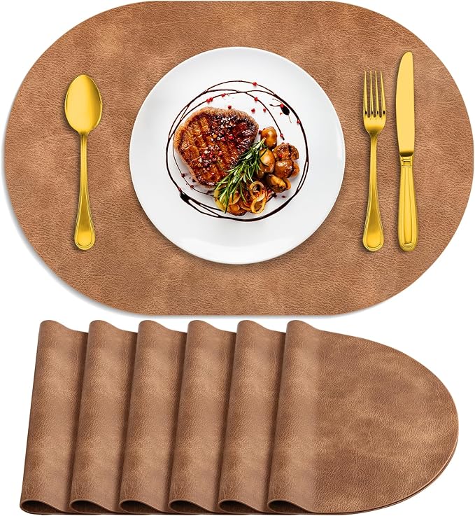 ADRIMER Placemats, Heat Resistant Oval Placemats Set of 6 Washable 12 x 17 Inch, Waterproof Table Mats, Wipeable Pu Place Mats for Kitchen, Dining Room, Sandy Light Brown by Adrimersdreamistobeanindispensablecompanioninyourlife