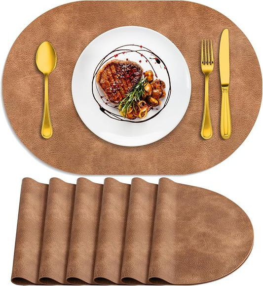 ADRIMER Placemats, Heat Resistant Oval Placemats Set of 6 Washable 12 x 17 Inch, Waterproof Table Mats, Wipeable Pu Place Mats for Kitchen, Dining Room, Sandy Light Brown by Adrimersdreamistobeanindispensablecompanioninyourlife