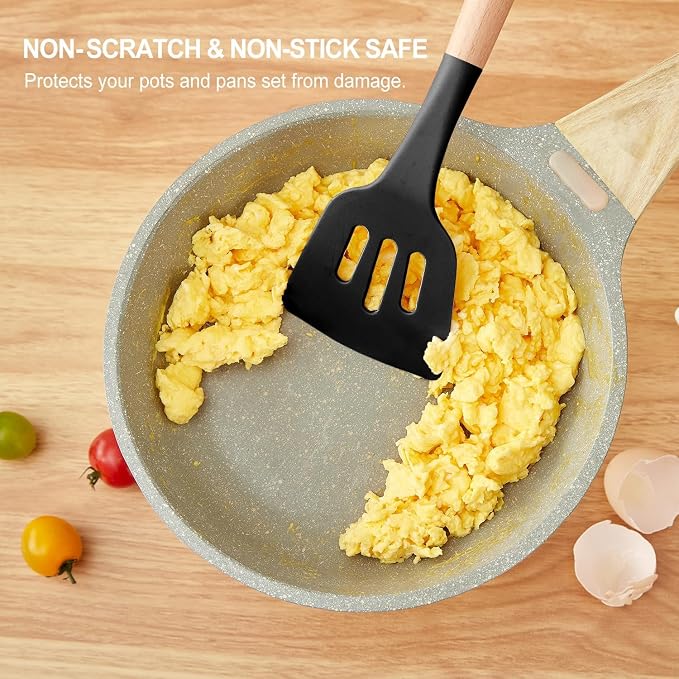 Silicone Kitchen Spatula and Utensils Spoon Set Cooking + Baking Set- 12 Pcs Non-Stick with Wooden Handle-BPA Free,Heat Resistant Item,Flexible Non Toxic Silicon Cookware Tools (Black) - Image 7