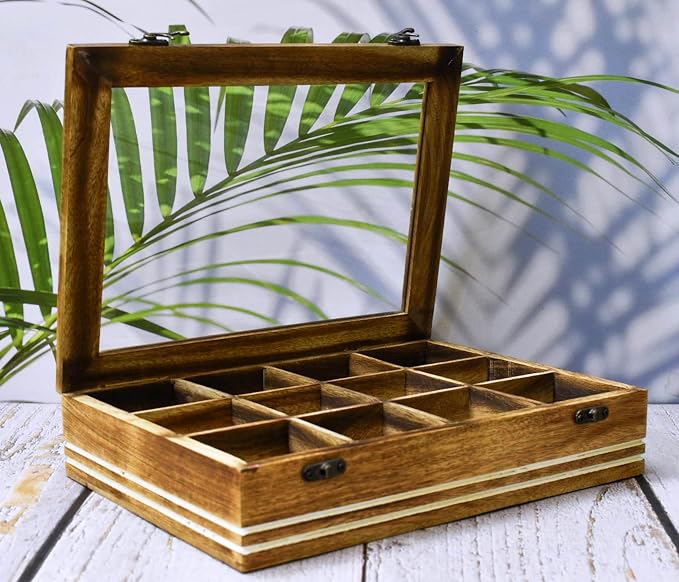 Wooden Tea Box - For Tea Bags Organiser - Engraved Hardwood Tea Chest with12 Compartments - Tea Storage Box Multi Functional - Wood Tea Box Organiser - 12 x 9 x 3 Inch (12 compartment box) - Image 5