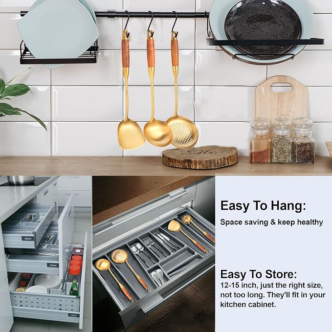 Gold Kitchen Utensils Stainless Steel with Wooden Handle 6 PCS | Food Grade 304,Anti-scald,12.5-14",Hanging Hole;Great Choice for Gifts - Image 5