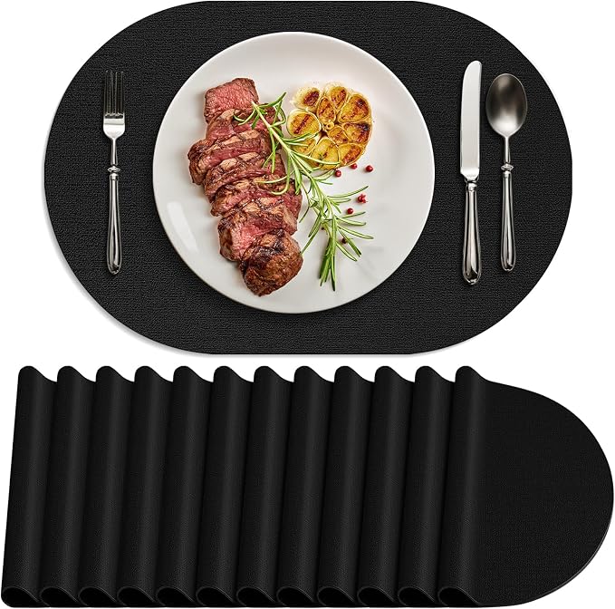 Placemats Set of 12 Washable, Heat Resistant Table Placemats Wipeable Faux Leather Oval Place Mats Non Slip, Waterproof Oval Table Mats for Indoor Outdoor, Black by Delicateandelegantplacemats