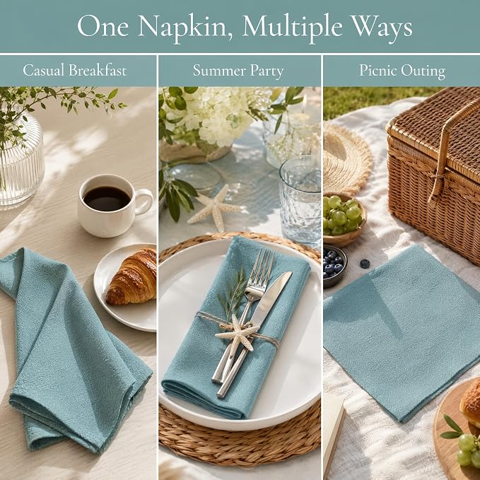 17x17 Solid Blue Linen Napkins Set of 12 Washable Party Decor | Hosting a summer party? This set of 12 washable blue linen napkins provides a refreshing, eco-friendly table setting. - Image 5