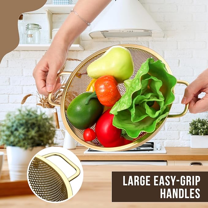 Norme 3 Quart Stainless Steel Gold Colander Gold Fine Mesh Strainer, Stainless Steel Pasta Rice Food Metal Strainer with Handles, Easy Clean and Dishwasher Safe - Image 2