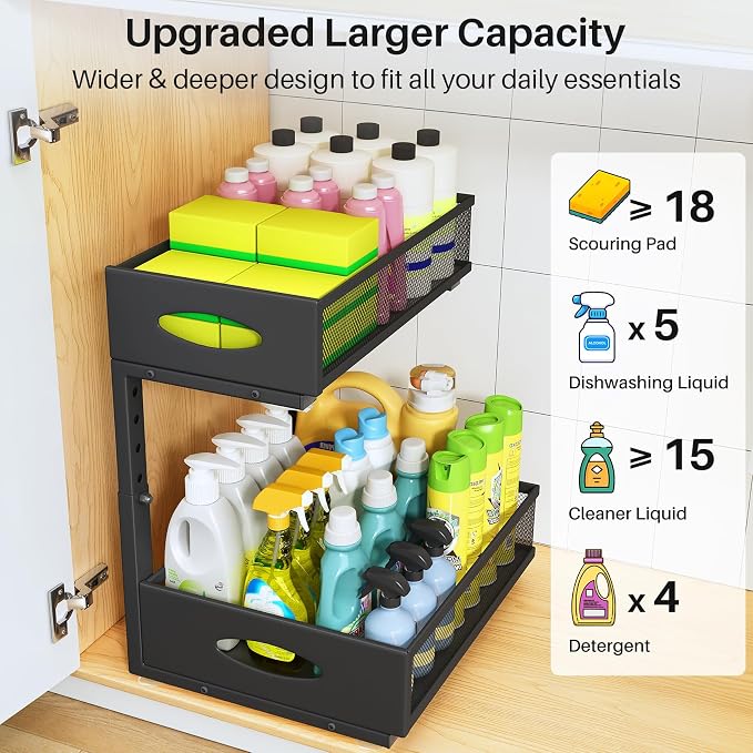 Under Sink Organizer, 2 Pack 2 Tier Pull Out Under Cabinet Organizer Shelf with Pad for Framed Cabinets, Metal Slide Out Under Sink Storage, Mesh Sliding Drawers for Kitchen Bathroom Laundry, Black - Image 4
