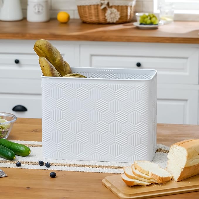 Extra Large Hexagon Stripe Embossed Bread Box with Bamboo Lid | Corner Breadbox for Homemade Bread, White Metal Storage Container Bin for Kitchen Countertop, Fits 2 Loaves of Bread - Image 4